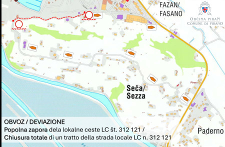 Popolna zapora dela lokalne ceste LC št. 312 121 - avtokamp Lucija - Forma viva - od 12. 3. do 15. 5. 2026 - prikaz obvoza